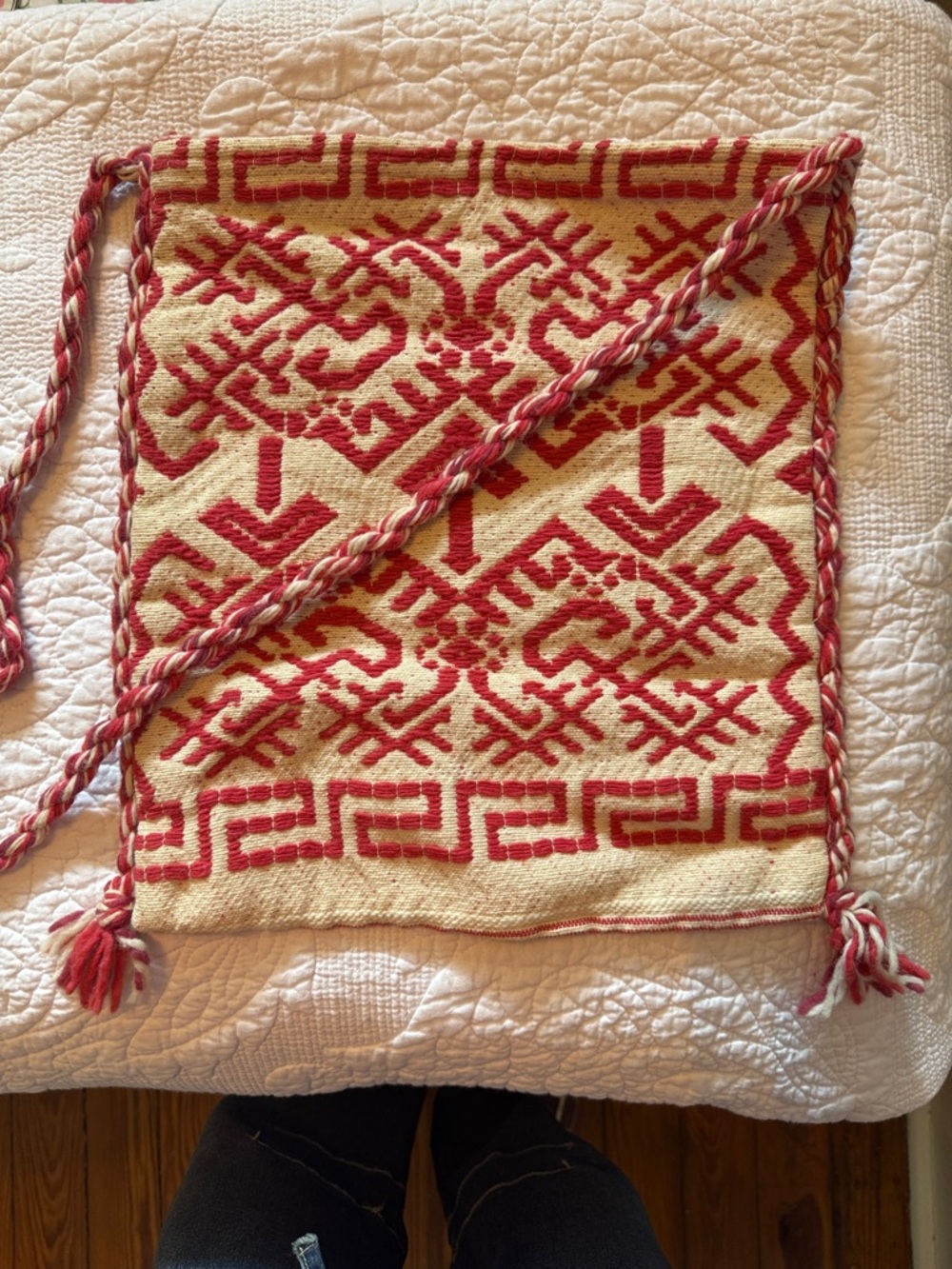 Artisan Cream and Red Woven Crossbody Bag